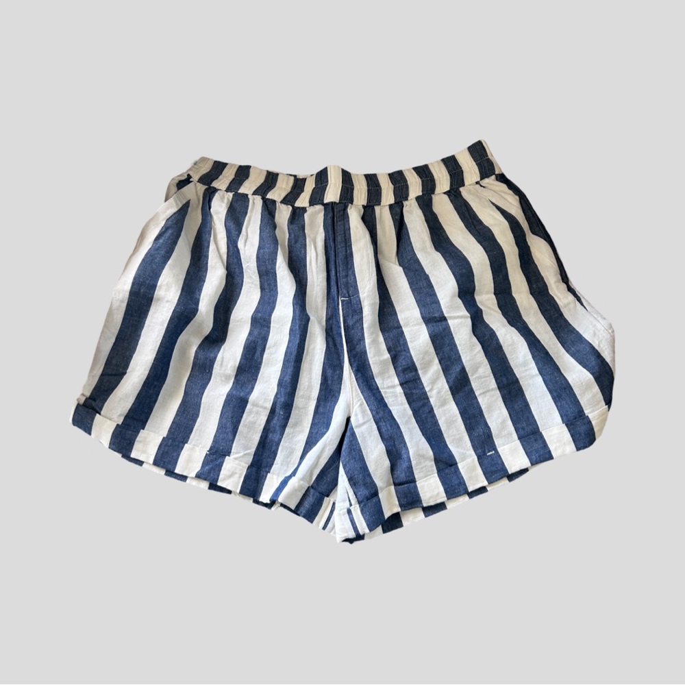 Pact Cotton/Linen Blend Striped Blue and White Women's Shorts - Picture 2 of 4